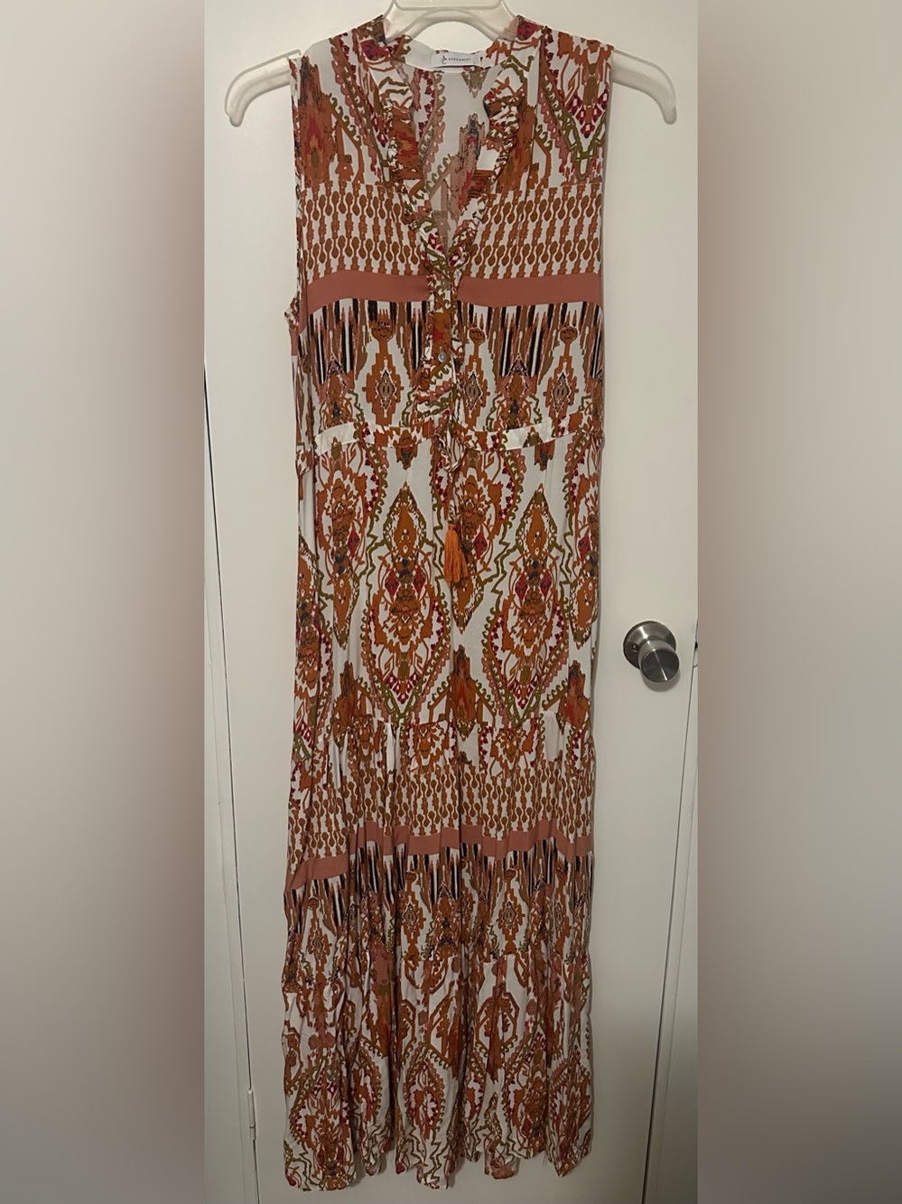 Addconfdt Women’s Geometric Brown/White V-Neck Sleeveless Maxi Dress L